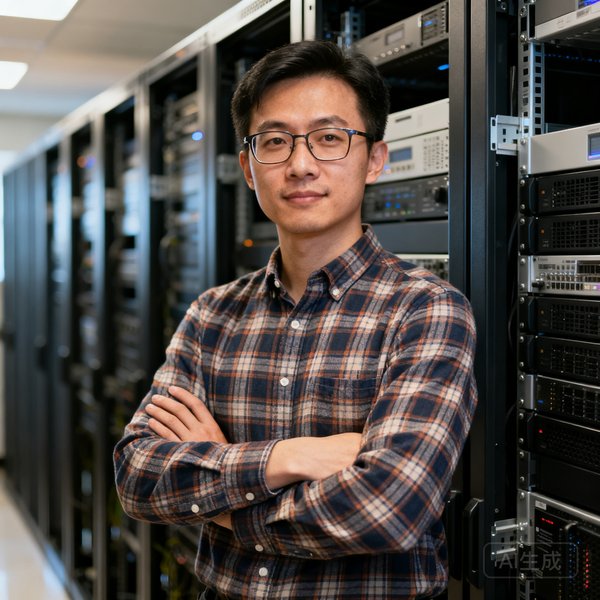 比分直播网联合创始人兼CTO李智尧的专业肖像照片，他戴着眼镜穿着格子衬衫，站在服务器机房前双手交叉