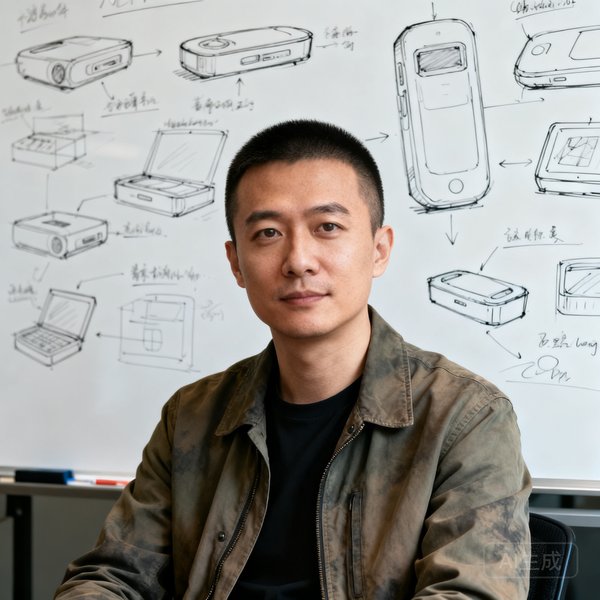 比分直播网联合创始人兼CPO王浩的专业肖像照片，他留着短发穿着休闲夹克，坐在白板前上面画满了产品原型草图
